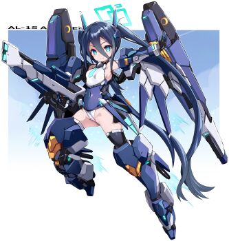 1girl aris_(blue_archive) aris_(mecha_suit)_(blue_archive) black_gloves black_leotard black_thighhighs blue_archive blue_eyes blue_gloves blue_hair blue_halo blue_leotard blue_necktie breasts cameltoe closed_mouth collared_leotard commentary_request covered_navel full_body gloves hair_between_eyes halo headgear highleg highleg_leotard highres karukan_(monjya) leotard long_hair long_hair_between_eyes looking_at_viewer mecha_musume mechanical_arms mechanical_legs mechanical_wings multicolored_leotard necktie outline small_breasts smile solo thighhighs twintails two-tone_gloves very_long_hair white_leotard white_outline wings