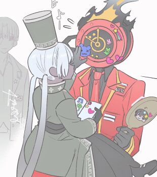 1boy 1girl 1other black_dress black_gloves black_shirt charon_(project_moon) clock coat collared_shirt dante_(limbus_company) dark-skinned_female dark_skin dress flaming_head gloves grey_coat hand_mirror limbus_company long_hair long_sleeves looking_at_another low_twintails mirror musical_note necktie object_head project_moon red_coat red_necktie shirt simple_background sitting sticker sticker_on_face tama_launcher twintails upper_body vergilius_(project_moon) white_background white_hair yi_sang_(project_moon)