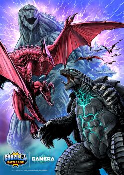 abs blue_eyes body_markings claws copyright_name cross_promotion crossover electricity emaciated energy engi_(animation_studio) english_text flying gamera gamera_(series) gamera_-rebirth- giant giant_monster glowing glowing_eyes glowing_markings glowing_spikes glowing_veins godzilla godzilla:_planet_of_the_monsters godzilla_(series) godzilla_battle_line godzilla_earth green_eyes gyaos highres japanese_text kadokawa kaiju monster muscular neon_trim nishikawa_shinji no_humans no_pupils now_production official_art open_mouth pink_electricity polygon_pictures promotional_art red_eyes ribs sea_monster sharp_teeth size_difference spikes spine tail talons teeth toho toho_games turtle turtle_shell tusks veins wings