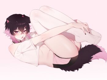 1boy absurdres animal_ears black_hair black_nails commentary crop_top dog_boy dog_ears dog_tail gomicake highres indie_virtual_youtuber joei_(vtuber) legs_up lying male_focus midriff multicolored_hair on_back open_mouth pink_hair short_shorts shorts single_bare_shoulder tail thighhighs trap virtual_youtuber white_thighhighs