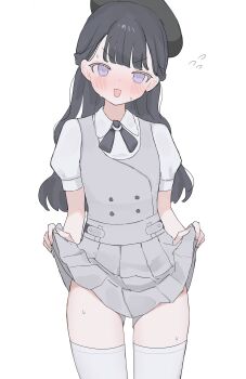 1boy absurdres belt beret black-haired_trainer_(lululuro) black_cross_tie black_hair black_hat blunt_bangs blush buttons center-flap_bangs clothes_lift commentary_request cowboy_shot cross_tie crossdressing crossdressing_(mtf) dot_nose double-breasted dress dress_lift embarrassed fang grey_belt grey_dress grey_shorts half_updo hat highres lifting_own_clothes long_hair lululuro male_focus nervous_sweating nintendo nose_blush open_mouth peter_pan_collar pinafore_dress pleated_dress pokemon pokemon_legends:_z-a puffy_short_sleeves puffy_sleeves purple_eyes rounded_collar shirt short_shorts short_sleeves shorts shorts_under_dress simple_background skin_fang sleeveless sleeveless_dress solo standing straight-on sweat sweatdrop thighhighs trap v-shaped_eyebrows wavy_hair white_background white_shirt white_thighhighs wispy_bangs