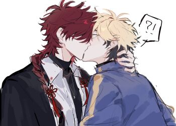 !? 2boys antenna_hair black_coat black_hair black_shirt blonde_hair blue_jacket blush braid braided_ponytail chinese_commentary chinese_knot closed_eyes coat coat_on_shoulders collared_shirt hair_over_shoulder hand_on_another&#039;s_neck highres huachajiangqwq jacket jewelry kiss long_hair long_sleeves looking_at_another male_focus multicolored_hair multiple_boys necklace orange_eyes profile red_hair shiguang_dailiren shirt short_hair simple_background single_braid sketch speech_bubble tassel turtleneck two-tone_hair undershirt upper_body white_background white_shirt xia_fei xiao_weiying yaoi