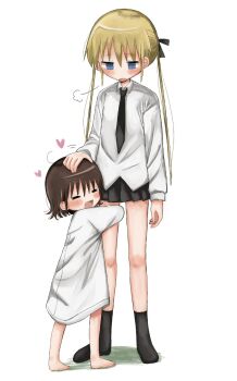 2girls blonde_hair blue_eyes brown_eyes brown_hair hair_ribbon hanabi_(yuruneko0624) hand_on_another&#039;s_head highres hug kill_me_baby long_hair multiple_girls necktie oribe_yasuna headpat ribbon school_uniform shirt short_hair skirt sonya_(kill_me_baby) twintails aged_down