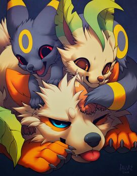Rule 34 | 10s, animal focus, arcanine, black eyes, blue sclera, brown eyes, brown sclera, claws, colored sclera, falvie, fangs, gen 1 pokemon, gen 2 pokemon, gen 4 pokemon, leafeon, nintendo, no humans, one eye closed, open mouth, pokemon, pokemon (creature), red sclera, signature, tongue, tongue out, umbreon
