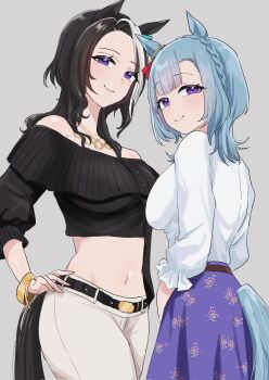 2girls animal_ears bare_shoulders black_hair blue_hair blush braid breasts clothing_cutout commentary_request cowboy_shot crop_top crown_braid floral_print floral_print_skirt frilled_sleeves frills grey_background hand_on_own_hip highres horse_ears horse_girl horse_tail large_breasts long_hair looking_at_viewer medium_hair mejiro_ardan_(casual)_(umamusume) mejiro_ardan_(umamusume) mejiro_ramonu_(casual)_(umamusume) mejiro_ramonu_(umamusume) midriff multicolored_hair multiple_girls navel nitsutomeo_shinobu off-shoulder_shirt off_shoulder pants print_skirt purple_eyes purple_skirt shirt simple_background skirt smile streaked_hair tail tail_through_clothes three-quarter_sleeves umamusume white_hair white_pants white_shirt wolf_cut
