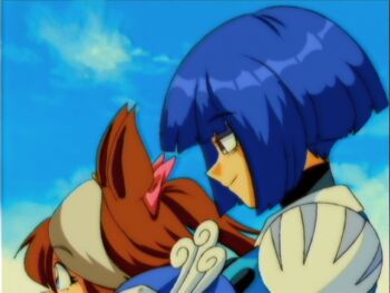 1990s_(style) 2girls android animal_ears armor blue_armor blue_eyes blue_hair blue_helmet blue_sky bob_cut brown_hair faux_retro_artstyle hair_ribbon helmet highres hime_cut holding holding_unworn_helmet horse_ears horse_girl long_hair lueduar mega_man_(classic) mega_man_(series) mega_man_9 merfolk mermaid monster_girl multicolored_hair multiple_girls ponytail puffy_short_sleeves puffy_sleeves retro_artstyle ribbon robot robot_girl short_hair short_sleeves sky smile splash_woman streaked_hair tokai_teio_(umamusume) two-tone_hair umamusume unworn_headwear unworn_helmet vhs_artifacts white_hair