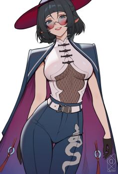 1girl animal_ears belt black_hair blue_pants chinese_clothes commission commissioner_upload cowboy_shot earrings gloves hat highres jacket jacket_on_shoulders jane_doe_(zenless_zone_zero) jewelry mesh mouse_ears mouse_girl official_alternate_costume pants quilm shirt smile solo sunglasses white_shirt zenless_zone_zero