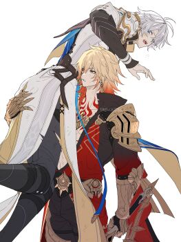 Rule 34 | 2boys, armor, black pants, braid, carrying, carrying person, coat, grey hair, highres, honkai: star rail, honkai (series), male focus, multiple boys, mydei (honkai: star rail), open mouth, orange hair, pants, parted lips, pauldrons, phainon (honkai: star rail), red tattoo, shoulder armor, simple background, single pauldron, standing, teeth, tofu (bean359), tongue, upper teeth only, white background, white coat