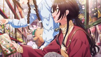 backpack bag braid brown_hair candy candy_cane christmas christmas_tree earrings english_text food game_cg grey_hair hat highres holding idolmaster idolmaster_shiny_colors idolmaster_shiny_colors_song_for_prism jewelry l&#039;antica_(idolmaster) low_twin_braids mitsumine_yuika nail_polish official_art open_mouth profile purple_eyes purple_hair santa_hat shirase_sakuya shopping_cart snowman star_(symbol) stuffed_animal stuffed_toy tanaka_mamimi teddy_bear tsukioka_kogane turtleneck twin_braids twintails yellow_eyes yukoku_kiriko