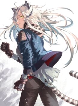 1girl ahoge animal_ear_fluff animal_ears arknights black_gloves black_pants blue_jacket brown_gloves clenched_hand clenched_hands commentary_request cowboy_shot floating_hair from_behind geta_(epicure_no12) gloves grey_shirt highres indra_(arknights) jacket long_hair long_sleeves looking_at_viewer looking_back open_clothes open_jacket pants parted_lips scar scar_on_face scar_on_nose shirt simple_background smile solo standing striped_tail tail tiger_ears tiger_girl tiger_tail torn_clothes torn_shirt v-shaped_eyebrows very_long_hair white_background white_hair white_shirt yellow_eyes