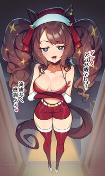 1girl animal_ears arms_under_breasts bare_shoulders belt bikini bikini_top_only blush breasts brown_hair choker christmas cleavage collarbone commentary_request crossed_arms ears_through_headwear fur-trimmed_thighhighs fur_trim gloves grey_eyes hat horse_ears horse_girl horse_tail large_breasts long_hair looking_at_viewer midriff open_mouth red_bikini red_choker red_gloves red_hat red_shorts red_thighhighs sabum santa_bikini santa_costume santa_hat shoes shorts smile solo star_(symbol) swimsuit tail teeth thighhighs tosen_jordan_(umamusume) twintails umamusume white_belt
