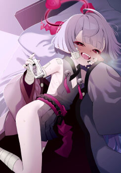 bandaged_arm bandaged_foot bandaged_hand bandaged_leg bandages bell black_nails blue_archive blush commentary_request eyeshadow gauze gauze_on_cheek gauze_on_face grey_sleeves halo heavy_breathing highres jingle_bell looking_at_viewer lying makeup odaneru_apart on_bed on_side open_mouth pillow pink_eyeshadow pointy_ears red_eyes red_halo saliva shuro_(blue_archive) sideless_dress sideless_kimono sideless_outfit teeth upper_teeth_only