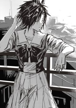 Rule 34 | 1girl, against fence, air shakur (umamusume), animal ears, bow, bowtie, collarbone, commentary request, cowboy shot, fence, greyscale, hand on own head, highres, horse ears, horse girl, karate (karatedazey), looking afar, monochrome, parted bangs, sailor collar, school uniform, shirt, sketch, skirt, solo, standing, summer uniform, tracen school uniform, umamusume, upper body