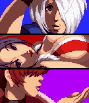 Rule 34 | 3girls, angel (kof), blue eyes, breasts, brown eyes, brown hair, dress, huge breasts, jacket, japanese clothes, large breasts, long hair, looking at viewer, multiple girls, nakamanga, nakamangahikari, ninja, pale skin, red hair, shermie (kof), shiranui mai, short hair, the king of fighters, white hair