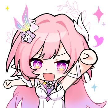 1girl arm_up breasts chibi chibi_only chinese_commentary commentary_request cyrene_(honkai:_star_rail) cyrene_(ripples_of_past_reverie)_(honkai:_star_rail) diamond-shaped_pupils diamond_(shape) dress flower hair_flower hair_ornament highres honkai:_star_rail honkai_(series) long_hair looking_at_viewer medium_breasts open_mouth partial_commentary pink_hair pointy_ears purple_eyes purple_flower purple_rose rose sidelocks smile solo symbol-shaped_pupils white_background white_dress yumi_(user_cwxa7835)