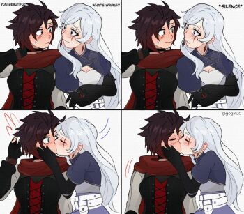 2girls black_gloves black_hair black_vest blush closed_eyes closed_mouth commentary dress elbow_gloves english_commentary english_text fingerless_gloves gloves gogirl_0 gradient_hair grey_eyes hand_on_another&#039;s_face kiss long_hair multicolored_hair multiple_girls parted_lips red_hair red_scarf ruby_rose rwby scar scar_across_eye scar_on_face scarf short_hair simple_background smile surprised vest weiss_schnee white_background white_dress white_hair yuri