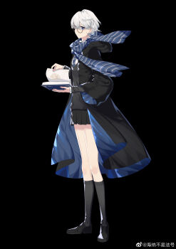 1girl absurdres androgynous black_background black_coat black_shoes black_skirt blue_coat blue_eyes blue_necktie blue_scarf book chinese_commentary closed_mouth coat commission cross-laced_shoes diagonal-striped_clothes diagonal-striped_necktie expressionless full_body glasses grey_socks grey_sweater hainabu_shifahao hair_between_eyes harry_potter_(series) highres hogwarts_school_uniform holding holding_book hood hood_down hooded_coat kneehighs long_sleeves looking_at_viewer miniskirt necktie open_book open_clothes open_coat pleated_skirt ravenclaw round_eyewear scarf school_uniform shoes short_hair sideways_glance simple_background skirt socks solo standing striped_clothes striped_scarf sweater two-sided_coat two-sided_fabric vocaloid vsinger_(vocaloid) watermark weibo_watermark white_hair wizarding_world yanhe