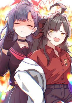 2girls :d ^_^ absurdres ahoge black_choker black_gloves black_hair black_sailor_collar black_serafuku black_shirt black_shorts black_skirt blue_archive brown_hair choker closed_eyes closed_mouth collarbone collared_shirt commentary cowboy_shot demon_girl demon_horns dress_shirt explosion explosion_background eyelashes false_smile fang gloves hair_intakes hair_ornament hairclip halo hand_up highres himmel_gewalt horns huge_ahoge ichika_(blue_archive) kasumi_(blue_archive) long_hair long_sleeves midriff_peek multiple_girls neckerchief open_hand open_mouth parallel_hairclips pleated_skirt red_halo red_neckerchief red_shirt sailor_collar school_uniform serafuku shaded_face shirt shorts sidelocks skin_fang skirt smile split_mouth tsurime v-shaped_eyebrows yellow_eyes