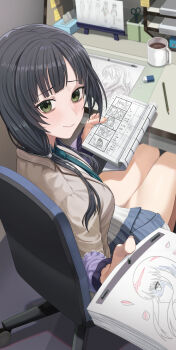 1girl absurdres bags_under_eyes black_hair blush book chair closed_mouth coffee commentary_request cup eraser green_eyes grey_jacket highres holding holding_book holding_paper indoors jacket long_hair looking_at_viewer looking_back low_twintails on_chair open_clothes open_jacket paper paper_stack pencil scissors shirobako shirt silvertsuki sitting smile solo swivel_chair thighs twintails yasuhara_ema