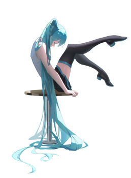 1girl absurdres aqua_hair bare_shoulders breasts closed_eyes closed_mouth hair_between_eyes hatsune_miku highres long_hair necktie pleated_skirt shirt simple_background sitting sitting_on_table skirt sleeveless small_breasts solo twintails very_long_hair vocaloid white_background white_shirt yukkuri_(user_ffuh5727)