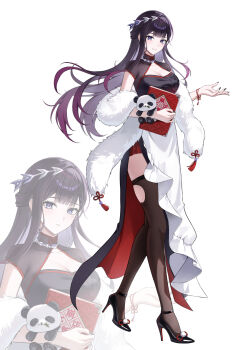 1girl alternate_costume black_dress black_hair black_shoes black_thighhighs breasts cleavage closed_mouth different_zoom_layer dress floating_hair high_heels highres holding holding_notebook honkai:_star_rail honkai_(series) hysilens_(honkai:_star_rail) long_hair looking_at_viewer multicolored_hair notebook pora_0918 purple_hair shoes simple_background smile solo thighhighs torn_clothes torn_thighhighs walking white_background