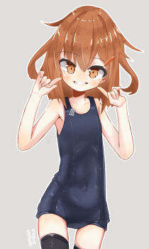 1girl badge black_thighhighs brown_eyes brown_hair collarbone dated folded_ponytail grey_background hair_ornament hairclip highres ikazuchi_(kancolle) kantai_collection mf_u_c school_uniform serafuku short_hair smile thighhighs twitter_username