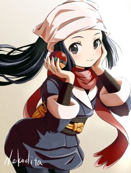 1girl absurdres akari_(pokemon) asuka_(pixiv82529874) black_eyes black_hair closed_mouth hand_on_own_cheek hand_on_own_face highres holding holding_poke_ball long_hair long_sleeves nintendo poke_ball pokemon pokemon_legends:_arceus red_scarf scarf smile solo