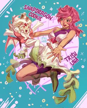 1boy 1girl alternate_costume large_bow big_ribbon boots bow character_name child cookie_run dress fang forehead_jewel green_eyes hands_out hands_up highres in_air jjba jojo_no_kimyou_na_bouken looking_at_another medium_hair onesie open_mouth pink_hair red_eyes ribbon shorts sleeveless smile snapdragon_cookie tail teeth trish_una upper_teeth_only vento_aureo white_hair