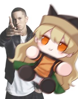 Rule 34 | 1boy, 1girl, black hat, black jacket, black pants, blonde hair, closed mouth, commentary request, eminem, fumo (doll), green skirt, hand in pocket, hat, highres, jacket, looking at viewer, matara okina, meme, mochigumo, orange eyes, orange sleeves, orange tabard, pants, photo background, real life, shirt, skirt, tabard, touhou, white shirt, woe plague be upon ye (meme)