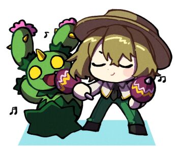 1boy black_necktie black_shoes closed_eyes closed_mouth full_body gen_5_pokemon green_pants hat highres holding holding_instrument holding_maracas instrument jacket limbus_company los_mariachis_(identity)_(project_moon) maracas maractus nantekottawo!! necktie nintendo pants pokemon pokemon_(creature) project_moon shoes simple_background sinclair_(project_moon) smile solo sombrero white_background white_jacket