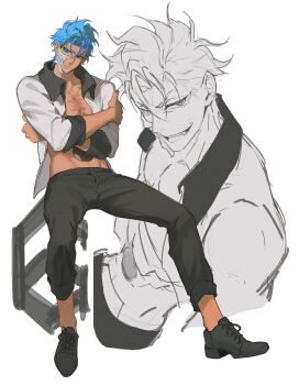 Rule 34 | 1boy, absurdres, arrancar, black pants, black shoes, bleach, blue eyes, blue hair, chinese commentary, closed mouth, commentary request, espada, feixingxiaoye, full body, grimmjow jaegerjaquez, hair between eyes, highres, hole in stomach, hollow hole, hollow mask, jacket, male focus, multiple views, open clothes, open jacket, pants, scar, scar on chest, shoes, short hair, sitting, solo