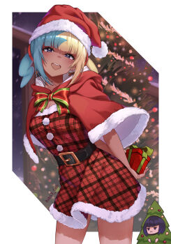2girls :d absurdres alternate_costume belt black_belt bow bowtie box canari_(pokemon) cape christmas christmas_tree christmas_tree_costume commentary dress eyelashes gift gift_box gwynn_(pokemon) hat highres holding holding_gift light_blush multicolored_hair multiple_girls nintendo obi3 open_mouth pokemon pokemon_legends:_z-a red_cape red_dress red_hat santa_costume santa_hat smile teeth twitter_username upper_teeth_only