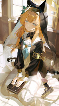 Rule 34 | 1girl, absurdres, animal ears, armlet, black coat, black veil, blue archive, cat ears, cat girl, closed mouth, coat, commentary request, desert eagle, dress, ears under headwear, gold armlet, gun, halo, handgun, highres, jewelry, long hair, long sleeves, looking at viewer, mari (blue archive), nanjo maya, nun, orange hair, puffy long sleeves, puffy sleeves, sailor collar, sailor dress, sitting, smile, solo, veil, weapon, white dress, white sailor collar, yellow halo