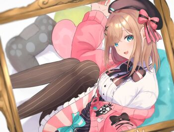 1girl beret black_pantyhose blonde_hair blue_eyes cardigan commentary controller dualshock game_controller gamepad hat highres looking_at_viewer medium_hair nijisanji open_mouth pantyhose pink_cardigan pink_skirt playstation_controller sazao2130 shirt skirt smile solo suzuhara_lulu suzuhara_lulu_(1st_costume) symbol-only_commentary virtual_youtuber white_shirt