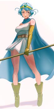 1girl absurdres alternate_hair_length alternate_hairstyle bare_shoulders belt blue_cape blue_gem blue_hair boots breasts bumaden cape circlet commentary_request dragon_quest dragon_quest_iii dress elbow_gloves full_body gem gloves highres holding holding_staff large_breasts looking_to_the_side red_eyes revision sage_(dq3) short_dress short_hair simple_background solo staff standing strapless strapless_dress white_background white_dress yellow_boots yellow_gloves