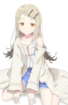 1girl 223333 :o absurdres bare_legs blonde_hair camisole colored_eyelashes commentary commentary_request denim denim_shorts flipped_hair gakuen_idolmaster grey_hair hair_bun highres idolmaster long_hair looking_at_viewer orange_eyes robe shinosawa_hiro short_shorts shorts simple_background single_side_bun solo very_long_hair white_background white_camisole white_robe