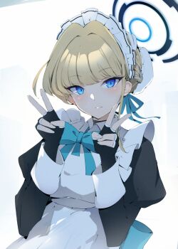 1girl apron back_bow backlighting black_gloves black_shirt blonde_hair blue_archive blue_eyes blue_halo blue_ribbon blue_streaks bow braid breasts bun_cover commentary double_v expressionless fingerless_gloves fingernails gloves hair_bun hair_ribbon half_up_braid halo juliet_sleeves large_bow long_sleeves looking_at_viewer maid maid_apron maid_headdress multicolored_hair nekopote puffy_sleeves ribbon shirt short_hair single_hair_bun sleeve_cuffs small_breasts solo streaked_hair toki_(blue_archive) tsurime upper_body v white_apron