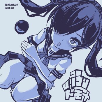 1girl :o backbeako_(torotei) backbeard blue_background blue_theme blush commentary crossed_arms dated dated_commentary gegege_no_kitarou hair_over_one_eye hair_ribbon kneeling kono_lolicon_domome long_hair looking_at_viewer monochrome neckerchief open_mouth original paid_reward_available panties pantyshot pleated_skirt pointy_ears ribbon ringed_eyes sailor_collar school_uniform serafuku shirt short_sleeves simple_background skirt solo torotei translated twintails underwear watermark web_address