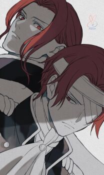 Rule 34 | 2boys, aged down, ascot, back-to-back, bandage over one eye, bandaged head, bandages, brothers, closed mouth, commentary request, figarland shamrock, grey background, hair behind ear, highres, jacket, looking at viewer, looking back, male focus, multiple boys, niina 1oo9, one piece, parted bangs, red eyes, red hair, shanks (one piece), short hair, siblings, signature, twins, upper body