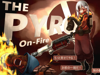 Rule 34 | 1girl, bad id, bad pixiv id, blu soldier (tf2), cosplay, explosive, female focus, fire, flamethrower, flower, gameplay mechanics, gas mask, gender request, genderswap, hair ornament, holding flamethrower, holding weapon, icemissile, injury, mask, pyro (tf2), red pyro (tf2), scar, silver hair, soldier (tf2), solo, team fortress 2, twintails, weapon