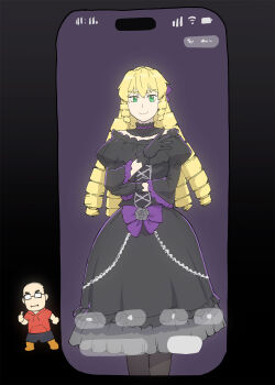 1boy 1girl akuyaku_reijou_tensei_ojisan ani_(xai) balding black_choker black_dress black_hair black_pantyhose black_skirt blonde_hair chibi choker cowboy_shot dress drill_hair glasses gown grace_auvergne green_eyes grok_(xai) highres hood hoodie juliet_sleeves long_hair long_sleeves looking_at_viewer pantyhose phone puffy_sleeves red_hoodie screen skirt smile thumbs_up tondabayashi_kenzaburou twintails twitter ueyama_michirou xai_(company)