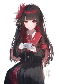 1girl black_hair black_skirt blush closed_mouth colored_inner_hair commentary_request cup erika_(user_spth3377) flower hair_flower hair_ornament highres holding holding_cup long_hair long_sleeves looking_at_viewer mahou_shoujo_no_majo_saiban multicolored_hair necktie nikaido_hiro red_eyes red_hair red_necktie red_shirt shirt skirt solo