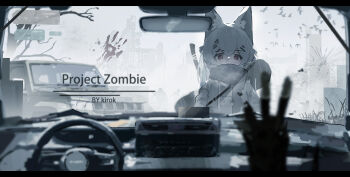 1girl 1other animal_ear_fluff animal_ears backpack bag bird blood blood_on_window bloody_handprints blurry blurry_foreground bullet_hole car_interior cat_ears cat_girl commentary_request crack cracked_glass debris english_text flock fog grass grey_theme hand_up handprint highres injury jacket jeep_wrangler kirok_orange left_4_dead left_4_dead_2 letterboxed missing_finger post-apocalypse project_zomboid radio scarf steering_wheel tree weapon weapon_on_back zombie