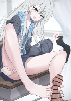 Rule 34 | 1girl, bar censor, barefoot, black socks, blue archive, censored, desk, feet, footjob, grey eyes, grey hair, highres, konoka (blue archive), long hair, milkriko, open mouth, school desk, single sock, socks, toes, unworn socks