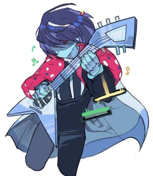 1other animification beamed_eighth_notes black_romper blue_cape blue_skin cape colored_skin commentary_request cowboy_shot deltarune eighth_note electric_guitar empty_eyes fingernails floating_hair guitar hair_between_eyes hands_up holding holding_guitar holding_instrument instrument korean_commentary kris_(dark_world)_(deltarune) kris_(deltarune) long_sleeves looking_at_viewer music musical_note no_mouth other_focus pink_cape playing_guitar playing_instrument polka_dot puffy_long_sleeves puffy_sleeves purple_hair red_eyes romper shaded_face short_hair simple_background solo sparkle standing two-sided_cape two-sided_fabric utdr_(toby_fox) white_background yx_won2