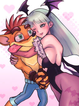 1boy 1girl animal_print artist_name bat_print blunt_bangs breasts bridal_gauntlets commentary commission crash_bandicoot crash_bandicoot_(series) darkstalkers demon_wings english_commentary furry furry_male green_eyes green_hair head_wings heart heart_background highres hug morrigan_aensland one_eye_closed pantyhose print_pantyhose second-party_source skm_nnm textless_version thank_you tongue tongue_out twitter_username wings