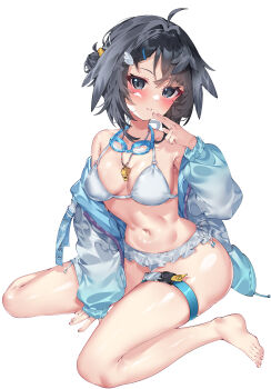 1girl absurdres ahoge arknights bare_shoulders between_legs bikini black_hair breasts cleavage feather_hair fingernails full_body goggles goggles_around_neck hair_ornament hand_between_legs highres hua-huahua jacket la_pluma_(arknights) la_pluma_(summer_flowers)_(arknights) looking_at_viewer navel official_alternate_costume open_clothes open_jacket parted_lips short_hair simple_background solo stomach swimsuit thigh_strap whistle whistle_around_neck white_background white_bikini wing_hair_ornament