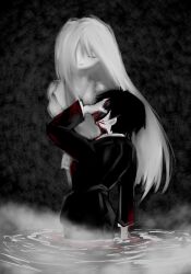 Rule 34 | 1boy, 1girl, angelica (project moon), black hair, black mask, black suit, blood, blood on clothes, blood on face, fog, ghost, husband and wife, library of ruina, long hair, monochrome, project moon, roland (project moon), sad, simple background, standing, suit, water