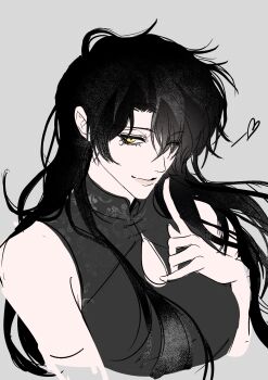 Rule 34 | 1girl, absurdres, auauko123, black changpao, black hair, black shirt, double-parted bangs, genderswap, genderswap (mtf), hair over one eye, hair over shoulder, highres, index finger raised, lace, long hair, looking at viewer, official alternate costume, omniscient reader's viewpoint, shirt, sleeveless, sleeveless shirt, smirk, solo, upper body, yellow eyes, yoo joonghyuk