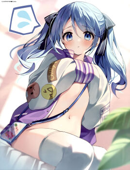 1girl :t absurdres artist_name black_ribbon blue_eyes blue_hair blush closed_mouth dengeki_moeoh dutch_angle feet_out_of_frame flying_sweatdrops hair_between_eyes hair_ribbon hands_up highres indoors jacket long_hair looking_at_viewer magazine_scan multicolored_jacket naked_jacket navel original parted_bangs plant pout purple_jacket raised_inner_eyebrows ribbon scan sesera_(suimya) sitting sleeves_past_fingers sleeves_past_wrists solo spoken_flying_sweatdrops stomach suimya tearing_up thighhighs third-party_source twintails two-tone_jacket white_jacket white_thighhighs